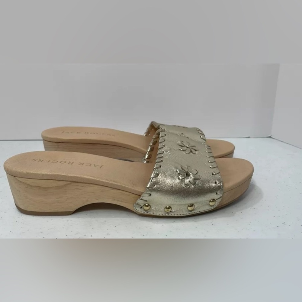 Jack Rogers Gold Leather Slip-on Slide Sandals Wooden Block Heels Size 8M